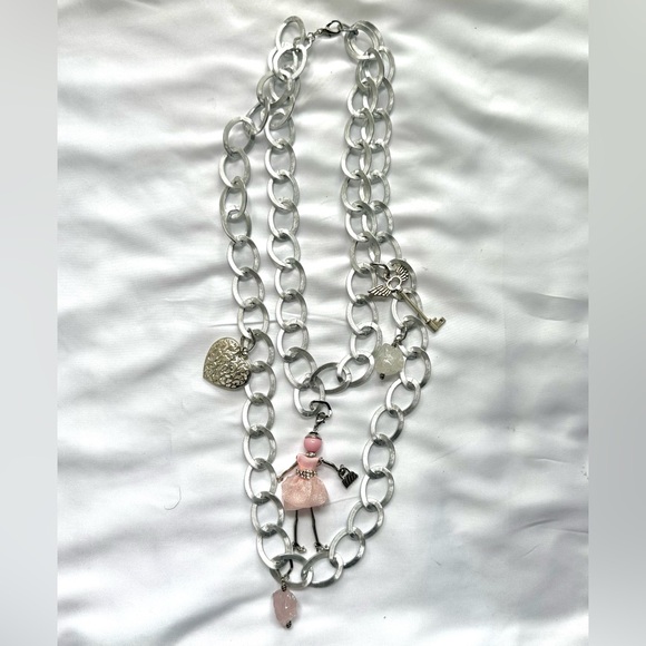 NWT Boho Charm Necklace with Pink Doll Pendant | Chunky Silver Artisan Chain - Picture 7 of 9